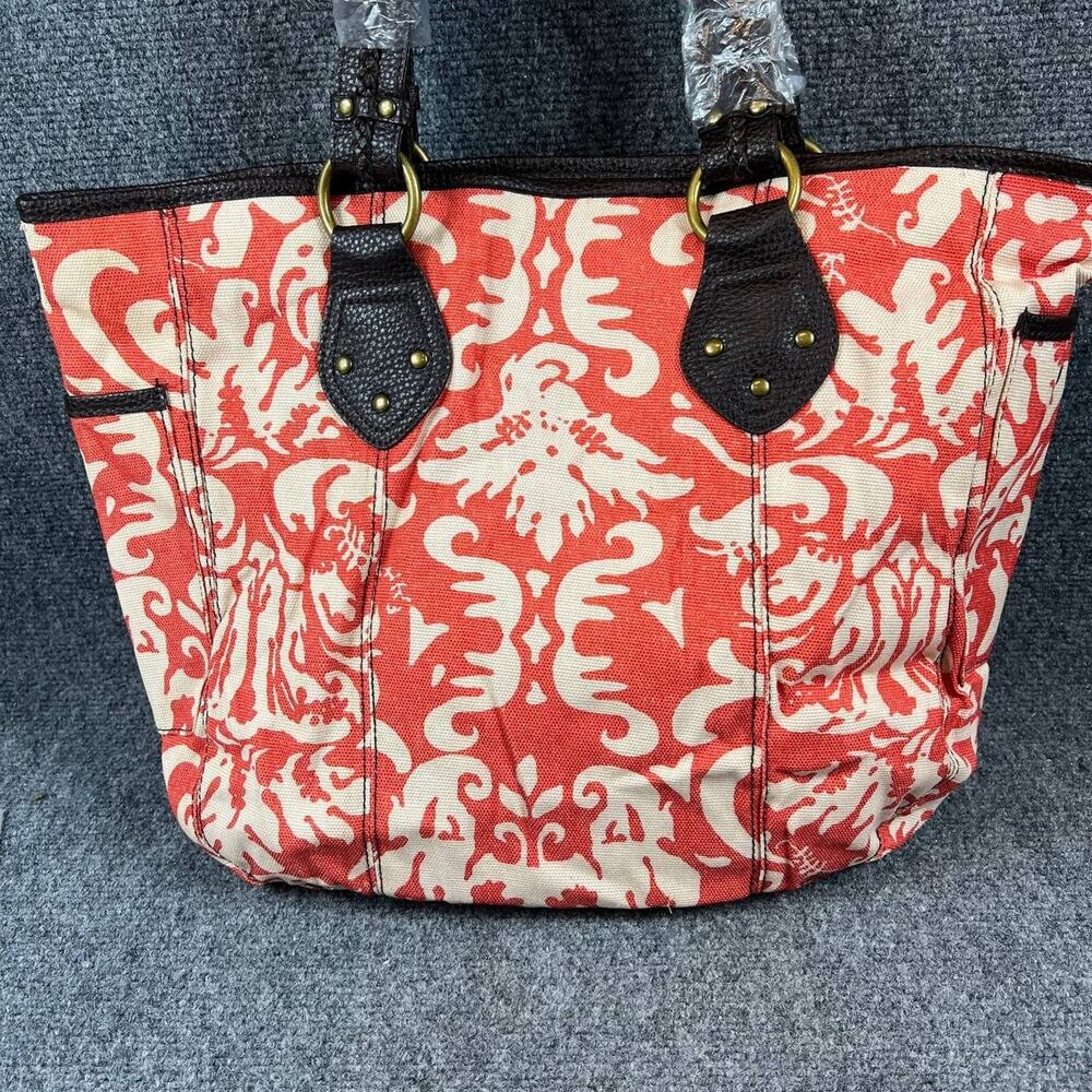 Estée Lauder Red Beige Pattern Tote Bag 12.5x13" Canvas PVC Trim Shoulder Purse